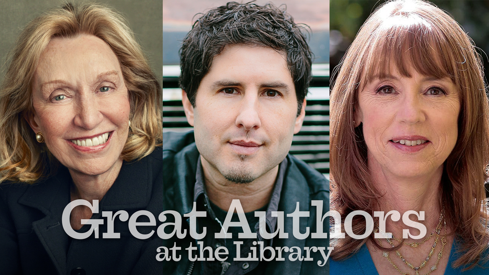 3 author portraits, Great Authors at the Library title