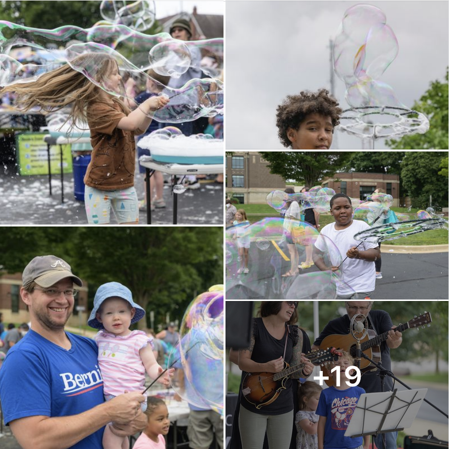 kids and families making giant bubbles, playing music, enjoying party at library
