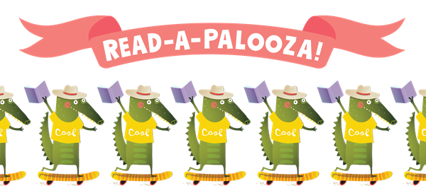 alligator animal characters skateboarding, holding a book, Read-a-palooza banner above