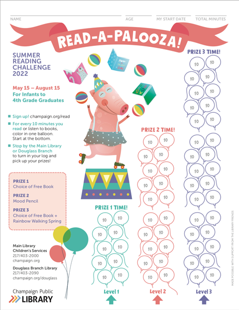 reading log for kids, juggling pig illustration, stacks of balloons to color in