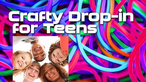 colorful pattern behind photo of teens faces smiling, looking down at camera, Crafty Teens title