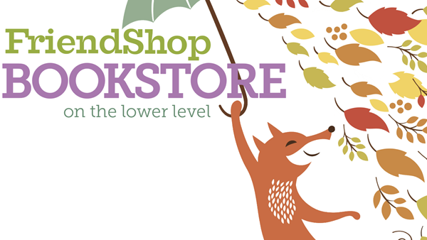 illustration, fox holding umbrella, bird, flowers, information about shop