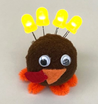 turkey craft with circuit lights and googly eyes