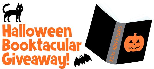 Halloween book with pumpkin, plus black cat, bat silhouettes