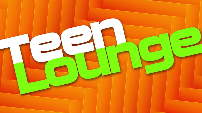 Teen Lounge title with colorful pattern behind text
